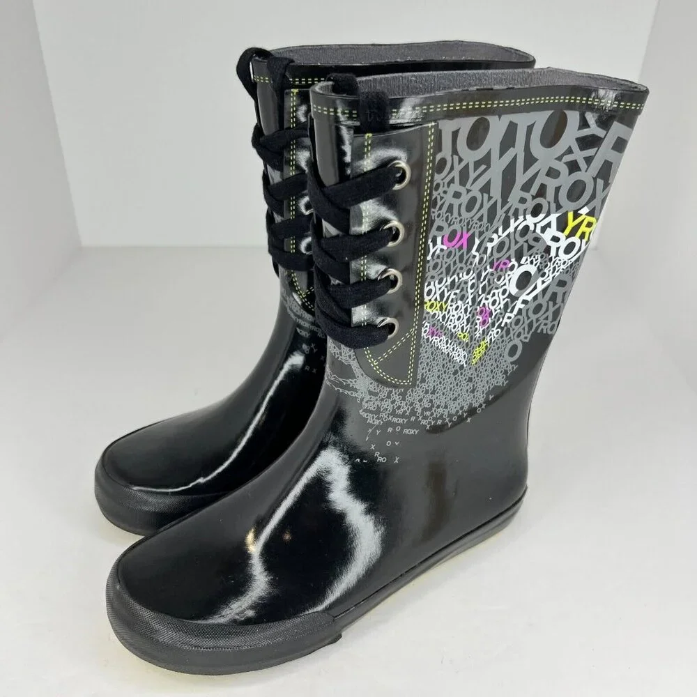 Roxy Womens Drizzle Black Lace Up Rubber Mid Calf Slip On Size 7 Rain Boots
